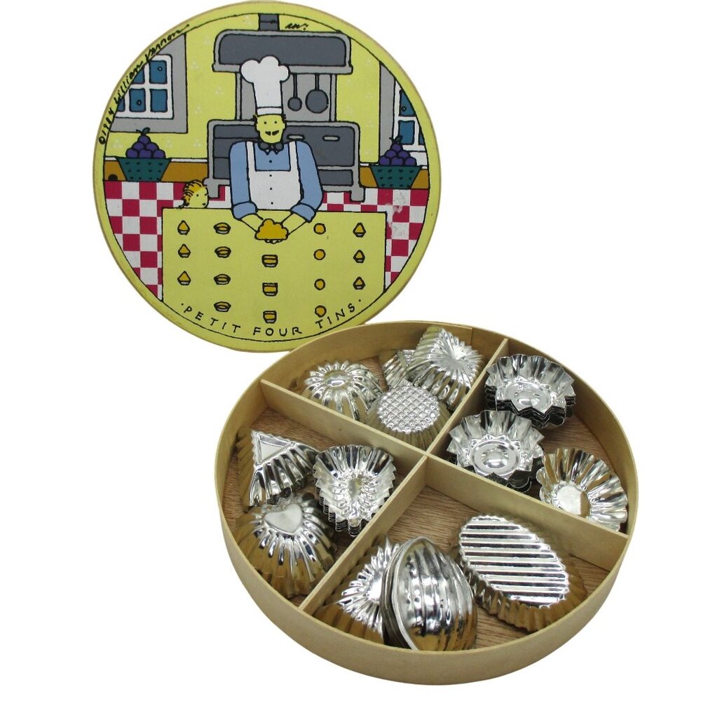 Vintage 1984 Lillian Vernon Petit Four Tins Set With Decorative Box 12 Metal Set